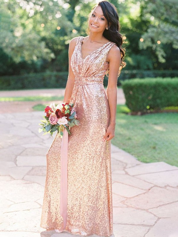Wholesale A-Line/Princess Sequins V-neck Floor-Length Ruffles Sleeveless Bridesmaid Dresses
